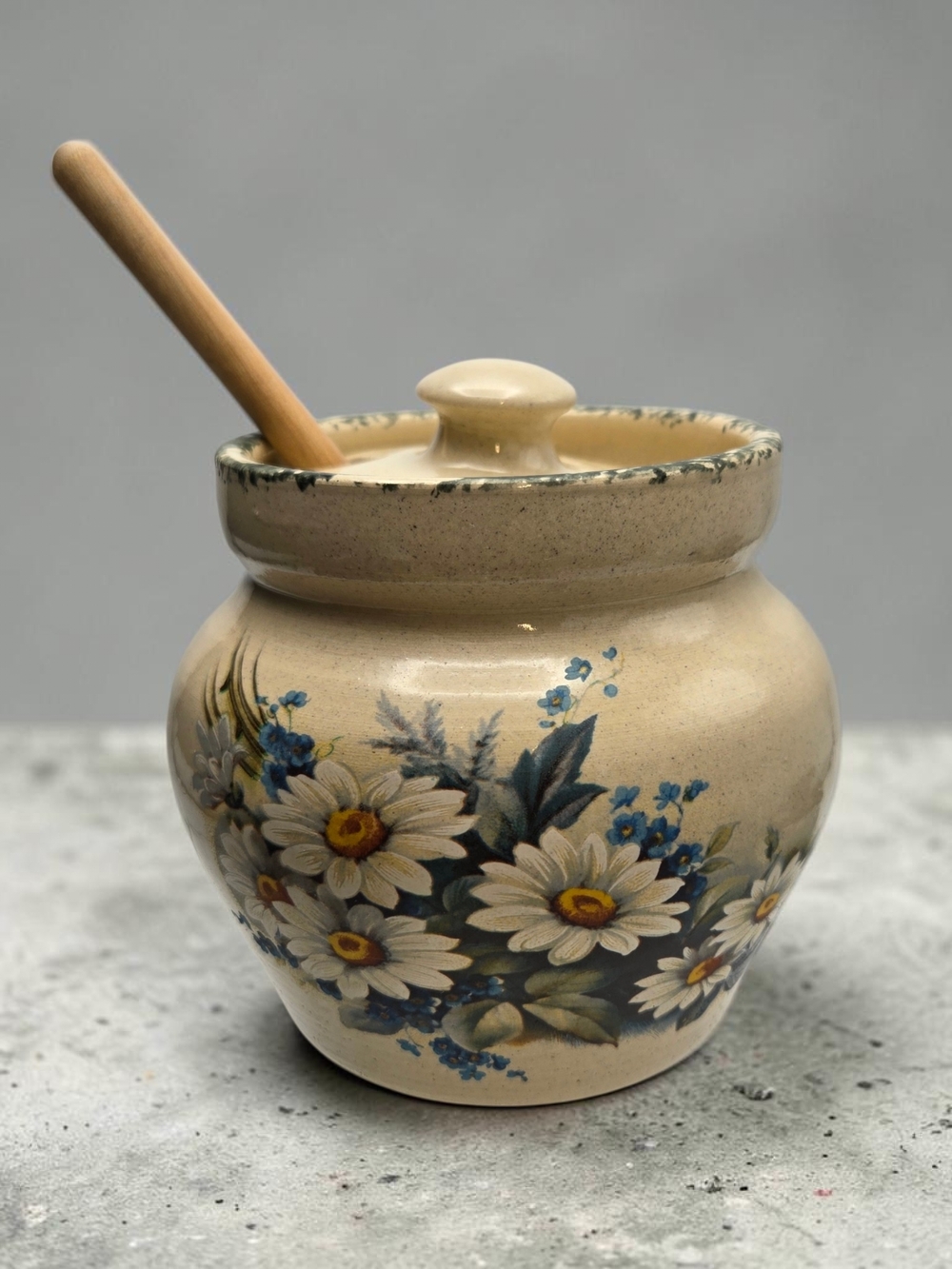 VTG Casey Pottery Marshall TX Hand Painted Daisy Honey Pot & Dipper Stoneware